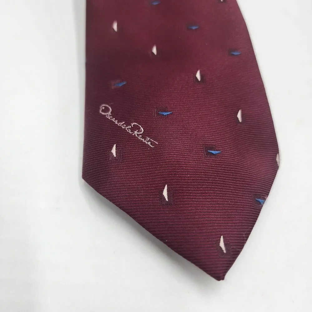 Vintage Oscar de la Renta Couture Tie Maroon Wine Spellout Logo Embroidery 58